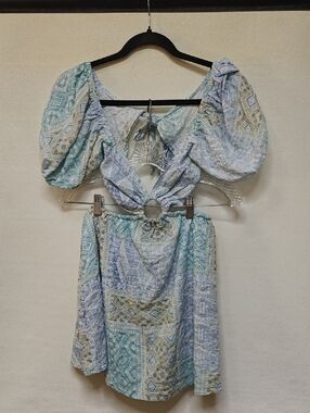 Sky To Moon Boho Patchwork Puff-Sleeve Mini Dress in Soft Aqua/Tan Design, Med
